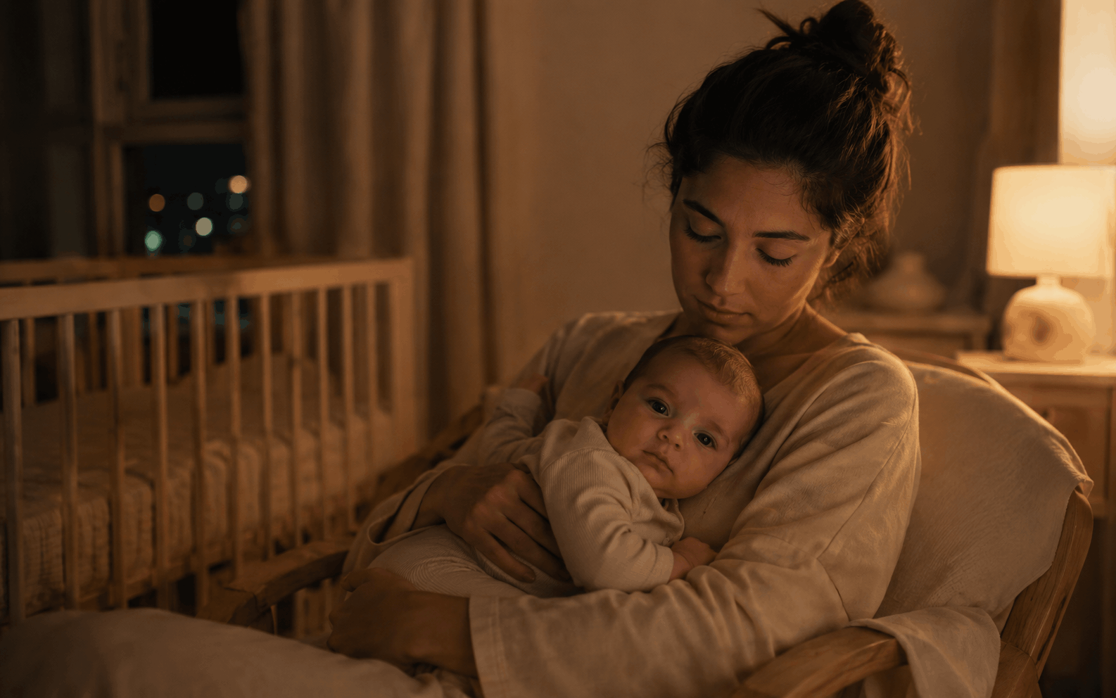 Mãe cansada segurando o bebê durante a madrugada