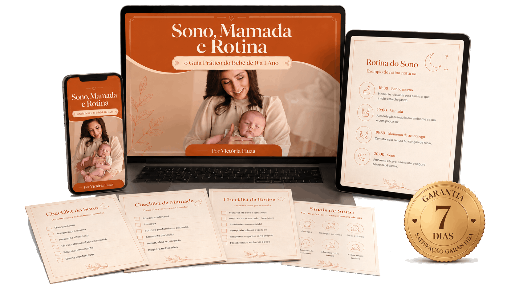 Mockup completo do ebook Sono, Mamada e Rotina com checklists e garantia